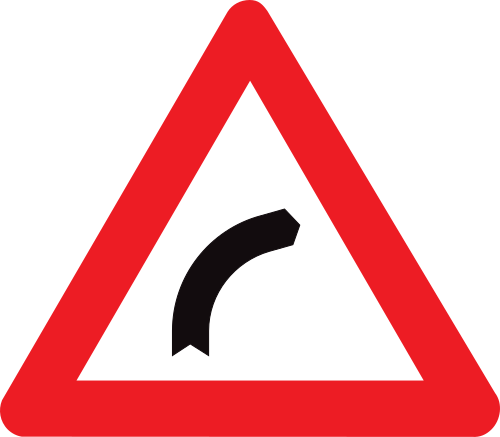 Panneau A1b : triangle blanc à bordure rouge, pointe vers le haut, avec une courbe fléchée annonçant un virage dangereux vers la droite