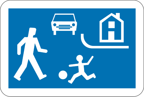 Panneau F12a belge : rectangle bleu annonçant le début d'une zone résidentielle ou d'une zone de rencontre