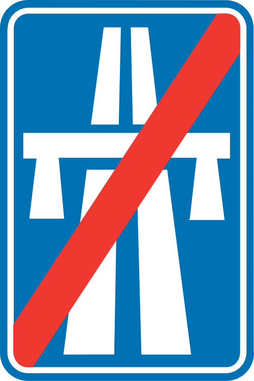 Panneau routier belge F7 : rectangle bleu barré, fin d'autoroute